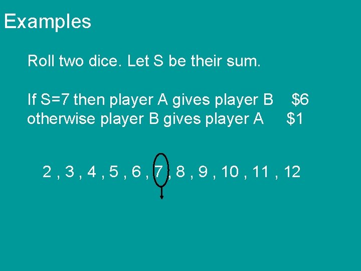 Examples Roll two dice. Let S be their sum. If S=7 then player A