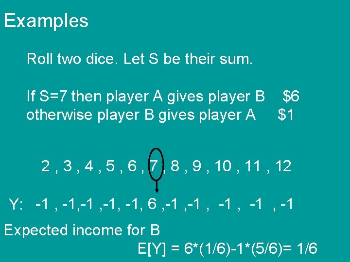 Examples Roll two dice. Let S be their sum. If S=7 then player A