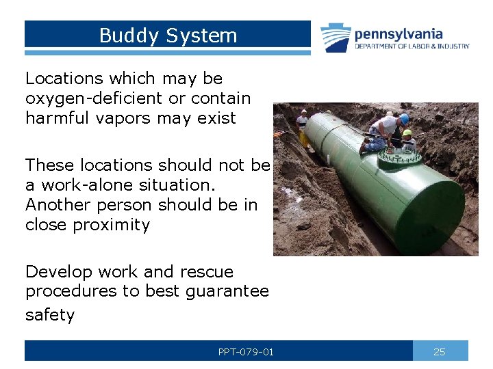 Buddy System Locations which may be oxygen-deficient or contain harmful vapors may exist These