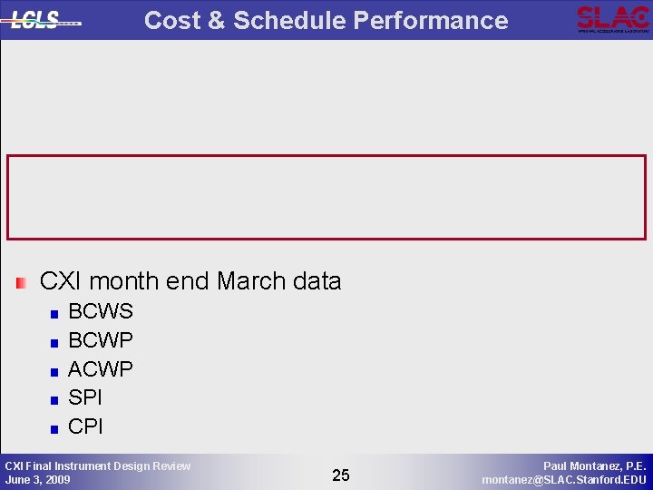 Cost & Schedule Performance CXI month end March data BCWS BCWP ACWP SPI CXI