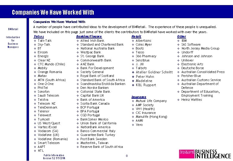 Companies We Have Worked With BI 4 Retail Introduction for Business Managers A number Companies We Have Worked With BI 4 Retail Introduction for Business Managers A number