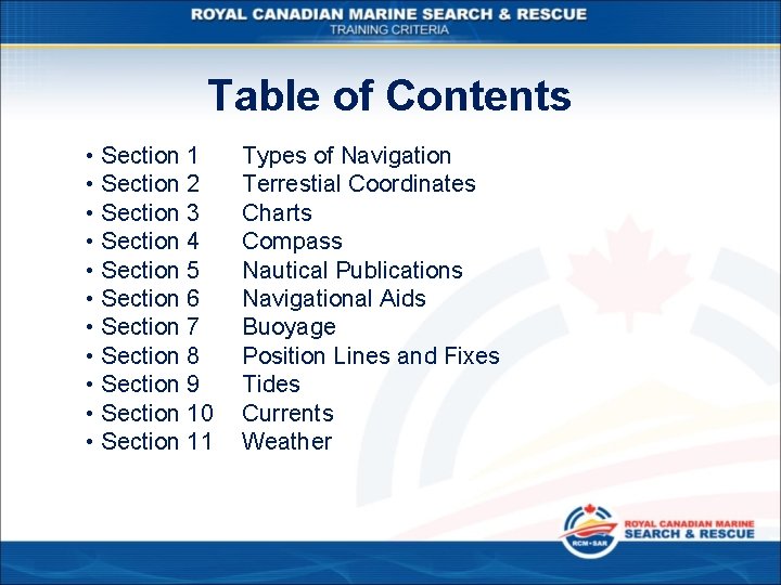 Table of Contents • Section 1 • Section 2 • Section 3 • Section