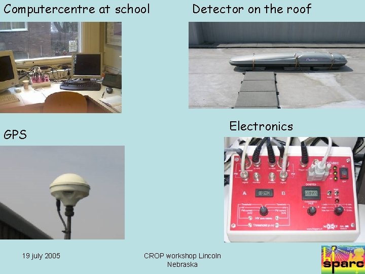 Computercentre at school Detector on the roof Electronics GPS 19 july 2005 CROP workshop