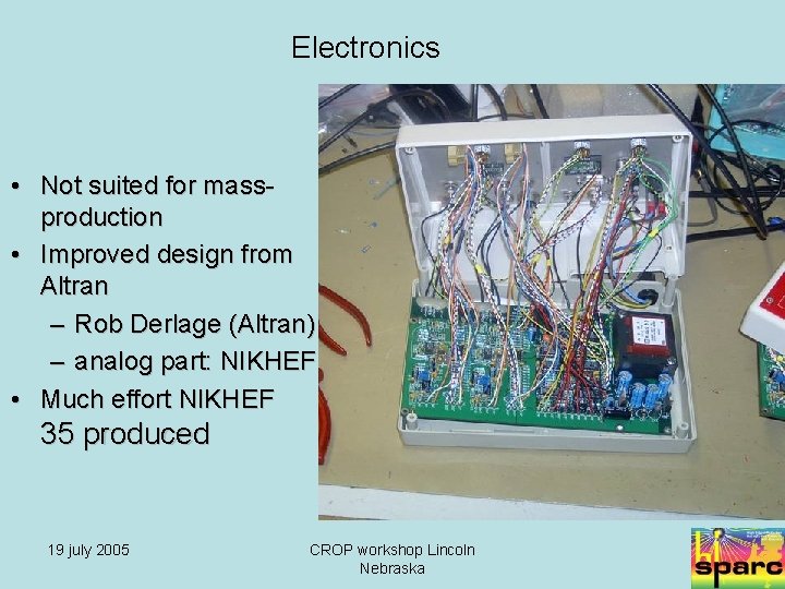 Electronics • Not suited for massproduction • Improved design from Altran – Rob Derlage