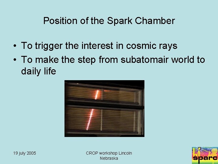Position of the Spark Chamber • To trigger the interest in cosmic rays •