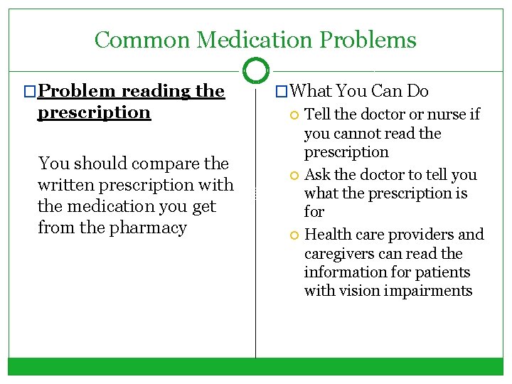 Common Medication Problems �Problem reading the prescription You should compare the written prescription with