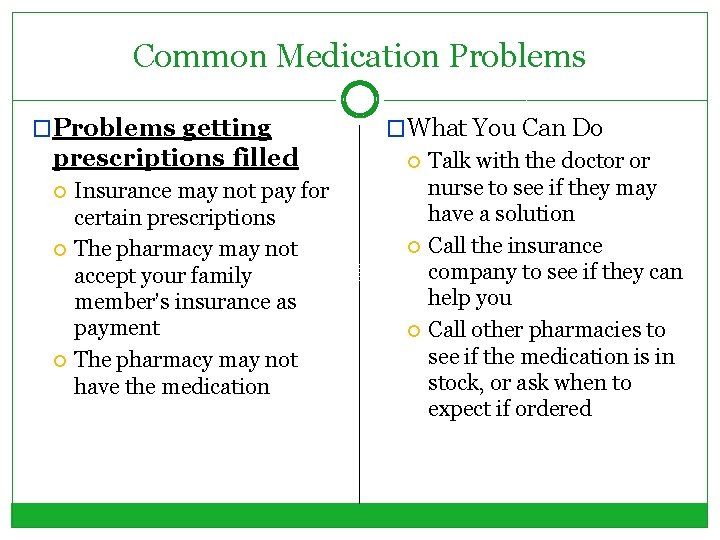 Common Medication Problems �Problems getting prescriptions filled Insurance may not pay for certain prescriptions