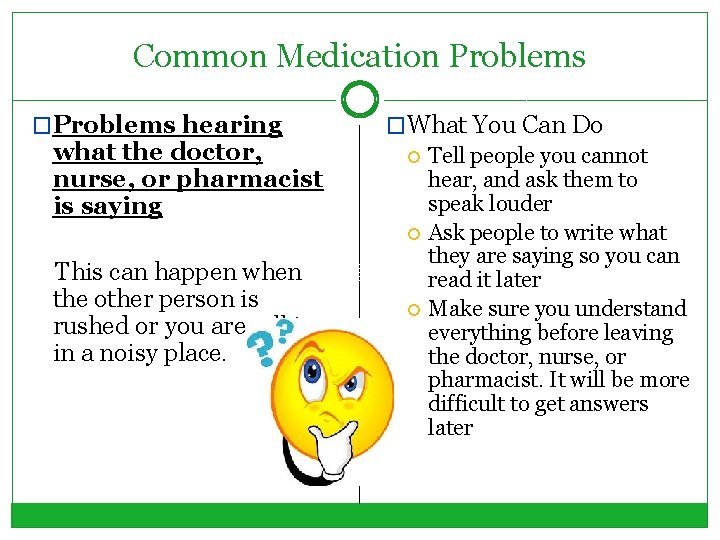 Common Medication Problems �Problems hearing what the doctor, nurse, or pharmacist is saying This