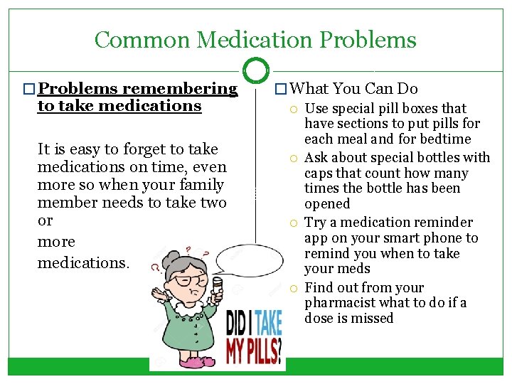 Common Medication Problems � Problems remembering to take medications It is easy to forget