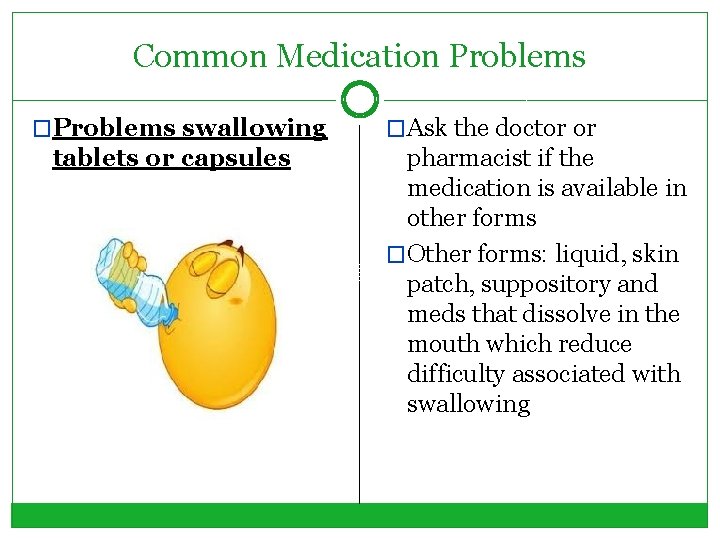 Common Medication Problems �Problems swallowing tablets or capsules �Ask the doctor or pharmacist if