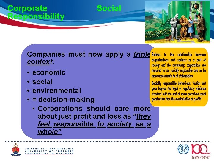 Corporate Responsibility Social Companies must now apply a triple context: • economic • social