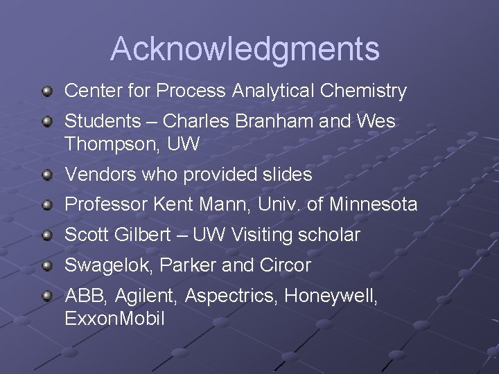 Acknowledgments Center for Process Analytical Chemistry Students – Charles Branham and Wes Thompson, UW