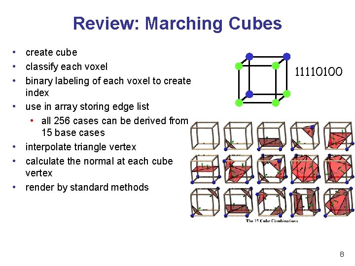 Review: Marching Cubes • create cube • classify each voxel • binary labeling of