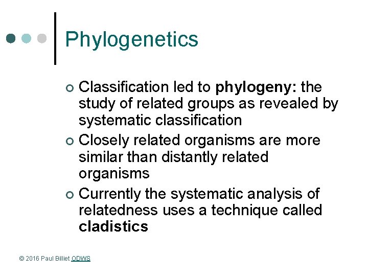 Phylogenetics Classification led to phylogeny: the study of related groups as revealed by systematic