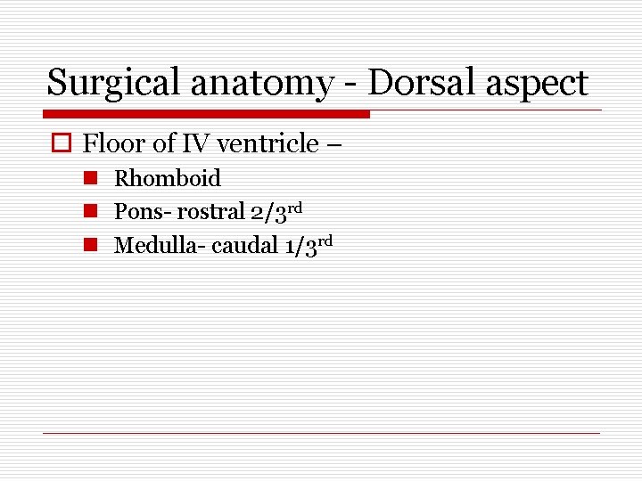 Surgical anatomy - Dorsal aspect o Floor of IV ventricle – n Rhomboid n