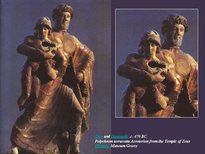 Zeus and Ganymede , c. 470 BC, Polychrom terracotta Acroterion from the Temple of