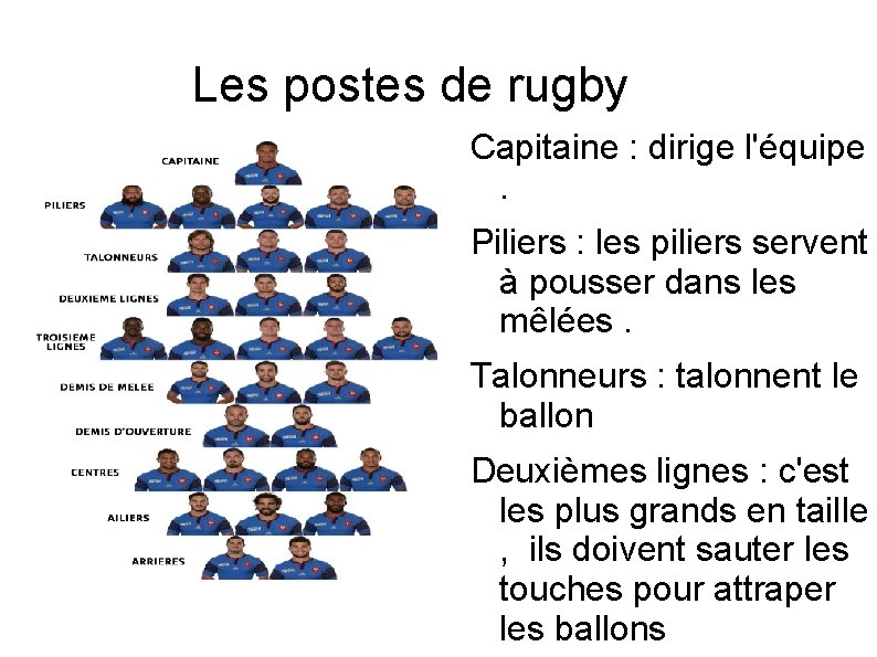 Les postes de rugby Capitaine : dirige l'équipe. Piliers : les piliers servent à