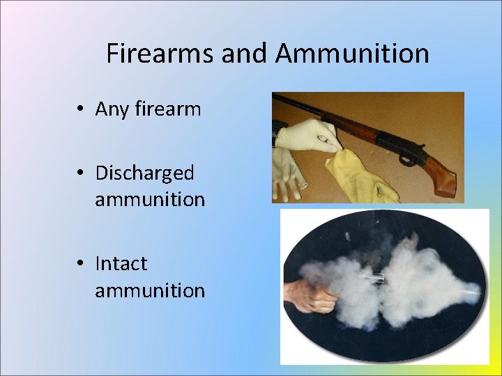 Firearms and Ammunition • Any firearm • Discharged ammunition • Intact ammunition 