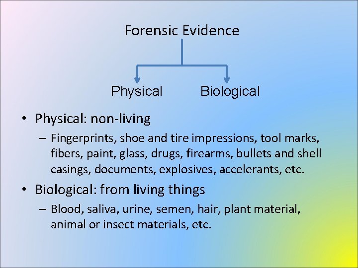Forensic Evidence Physical Biological • Physical: non-living – Fingerprints, shoe and tire impressions, tool