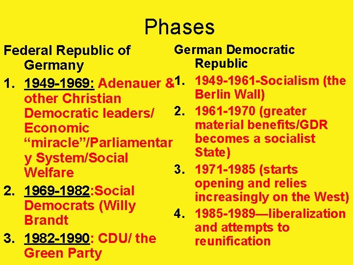 Phases German Democratic Federal Republic of Republic Germany 1. 1949 -1969: Adenauer &1. 1949