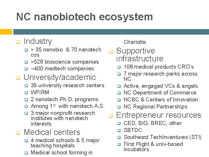 NC nanobiotech ecosystem q Industry q q q University/academic q q q > 35