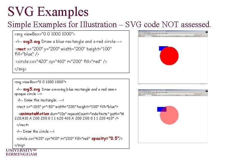 SVG Examples Simple Examples for Illustration – SVG code NOT assessed. <svg view. Box="0