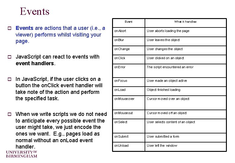 Events Event o o Events are actions that a user (i. e. , a