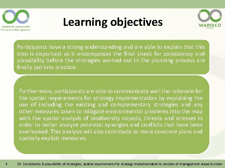 Learning objectives Participants have a strong understanding and are able to explain that this