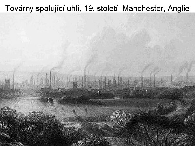 Továrny spalující uhlí, 19. století, Manchester, Anglie 