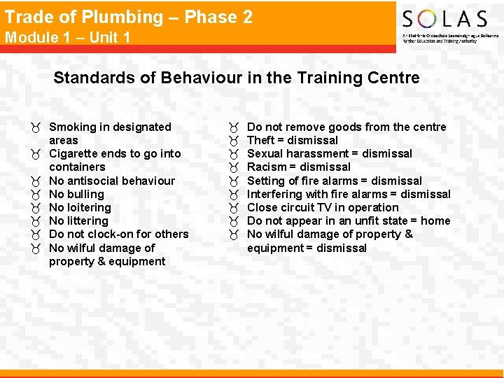 Trade of Plumbing – Phase 2 Module 1 – Unit 1 Standards of Behaviour