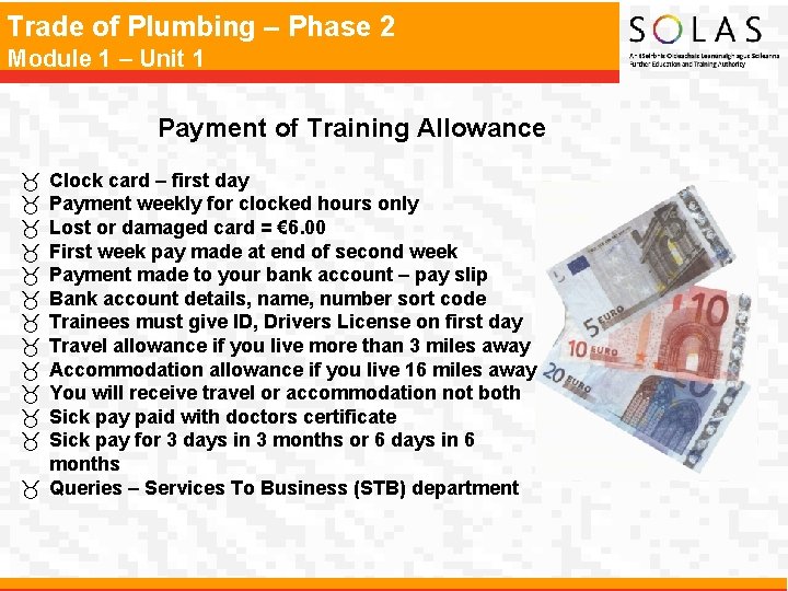 Trade of Plumbing – Phase 2 Module 1 – Unit 1 Payment of Training