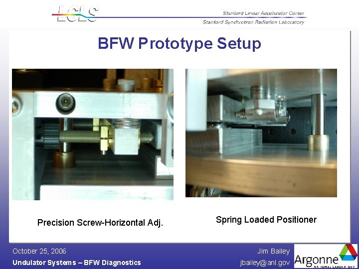 BFW Prototype Setup Precision Screw-Horizontal Adj. October 25, 2006 Undulator Systems – BFW Diagnostics