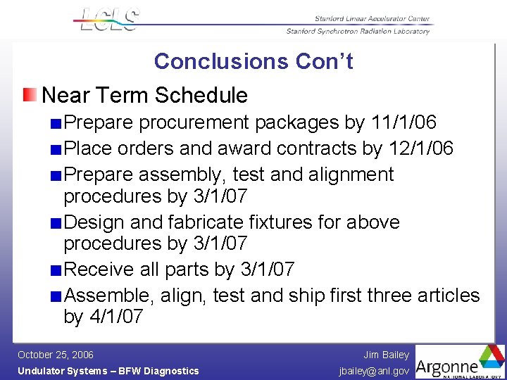 Conclusions Con’t Near Term Schedule Prepare procurement packages by 11/1/06 Place orders and award