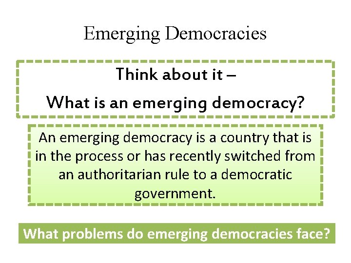 Emerging Democracies Think about it – What is an emerging democracy? An emerging democracy