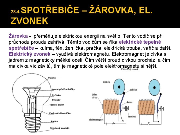 SPOTŘEBIČE – ŽÁROVKA, EL. ZVONEK 28. 4 Žárovka - přeměňuje elektrickou energii na světlo.
