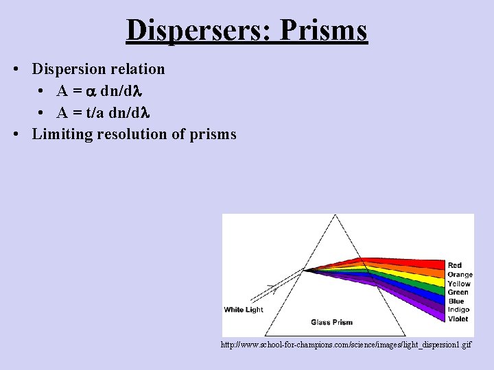 Dispersers: Prisms • Dispersion relation • A = dn/d • A = t/a dn/d