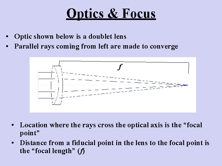 Optics & Focus • Optic shown below is a doublet lens • Parallel rays