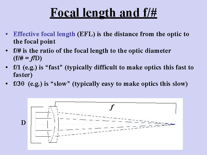 Focal length and f/# • Effective focal length (EFL) is the distance from the