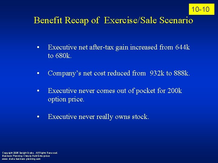 10 -10 Benefit Recap of Exercise/Sale Scenario • Executive net after-tax gain increased from