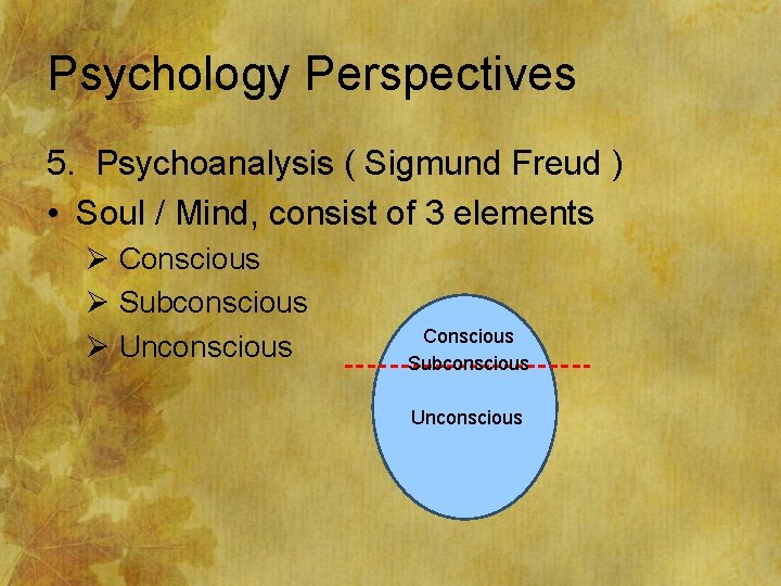 Psychology Perspectives 5. Psychoanalysis ( Sigmund Freud ) • Soul / Mind, consist of