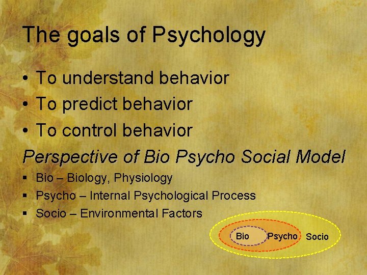 The goals of Psychology • To understand behavior • To predict behavior • To