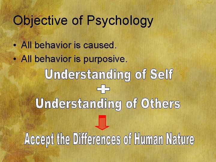 Objective of Psychology • All behavior is caused. • All behavior is purposive. 