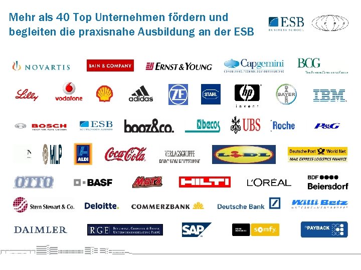 Mehr als 40 Top Unternehmen fördern und begleiten die praxisnahe Ausbildung an der ESB