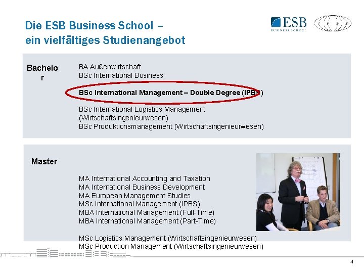 Die ESB Business School – ein vielfältiges Studienangebot Bachelo r BA Außenwirtschaft BSc International