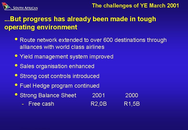 The challenges of YE March 2001 . . . But progress has already been