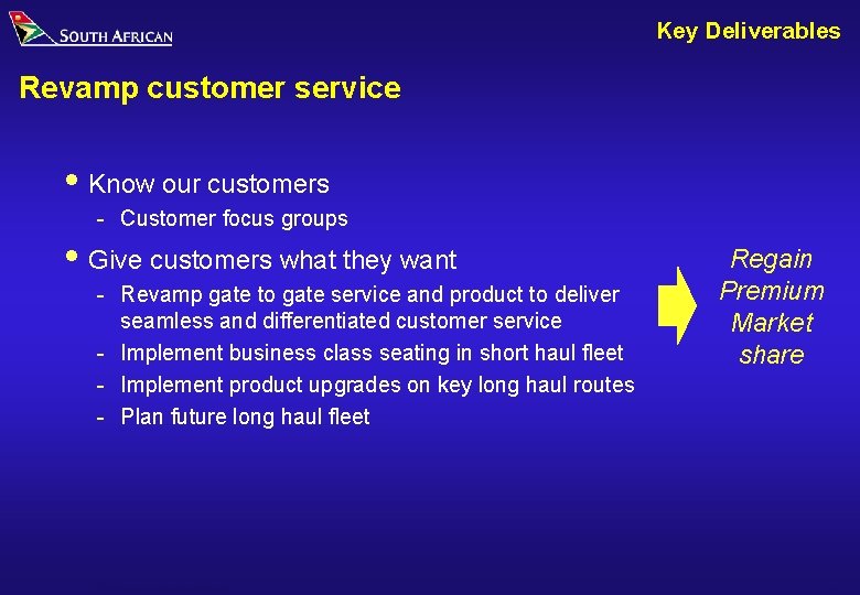 Key Deliverables Revamp customer service i Know our customers - Customer focus groups i