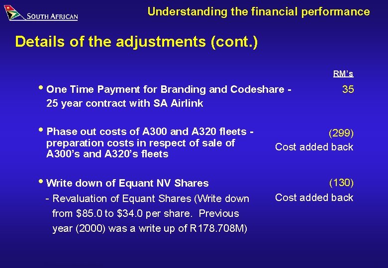 Understanding the financial performance Details of the adjustments (cont. ) RM’s i One Time