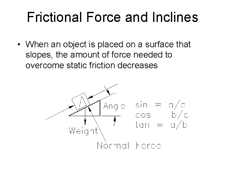Frictional Force and Inclines • When an object is placed on a surface that