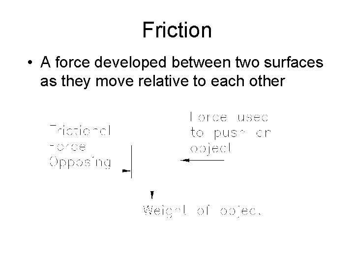 Friction • A force developed between two surfaces as they move relative to each