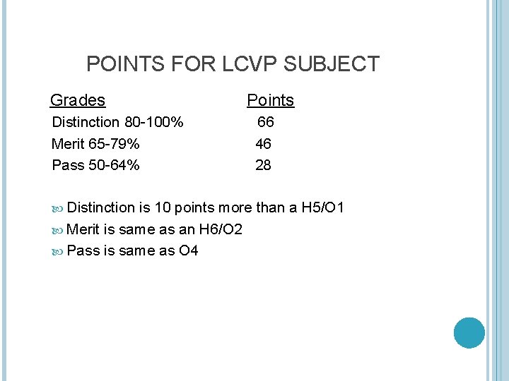 POINTS FOR LCVP SUBJECT Grades Distinction 80 -100% Merit 65 -79% Pass 50 -64%